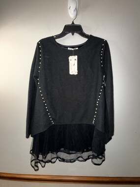 Parisstyle Black Long Sleeve Tunic with Pearl Embellishments and Tulle Hem
